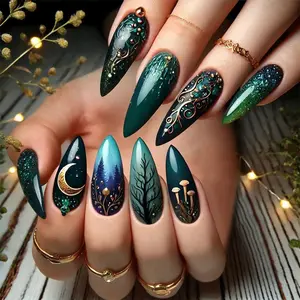 24pcs Press-On Nails Set, Includes Jelly Glue & File, Mystic Forest Fake Nails, Star Moon Mushroom Sparkle Design False Nails, Glitter Decorative Nails