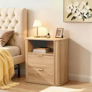 SoarTalent Fluted Nightstand,Wooden End Table with 2 Drawers Storage, Rustic Style Bedside Tables for Bedroom and Living Room