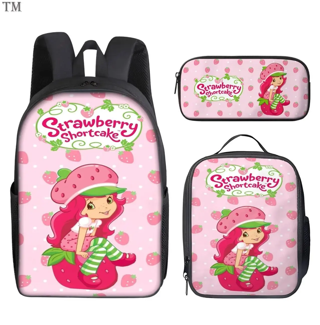 Cute Gothic Strawberry Girl Student Backpack Set | 3Pcs Schoolbag Insulated Lunch Bag Pencil Case | Back to School Gift for Girls