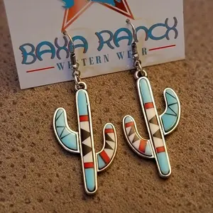 Turquoise Aztec Cactus Dangle Earrings - Zinc Alloy Silver Plated, Trendy Western Style Jewelry with Retro Vibes, Ideal Female Gift for Any Occasion