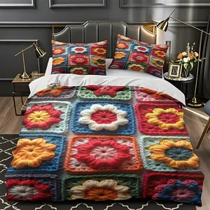 2/3Pcs Comfortable Crocheted Floral Square Patchwork Quilt Cover Set, High-Definition Digital Printing, Suitable For All Year Round! Clearance Sale Perfect Gift 100% Polyester Fiber Machine Washable (1 Duvet Cover +1/2 Pillowcase, No Filling)