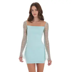 Sequin Long Sleeve Dress in Sky Blue