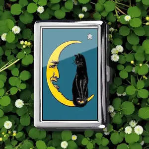 Black Cat and Men in the Moon Cigarette Case Money Card Holder, Zigarettenetui, Business Card, Antique Alive, Flower