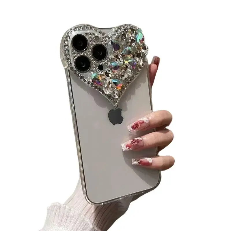 Rhinestone heart iPhone case compatible with Apple iPhone 17 Pro Max, 16 Pro, 15, and 14 Plus; new full-coverage phone protective case