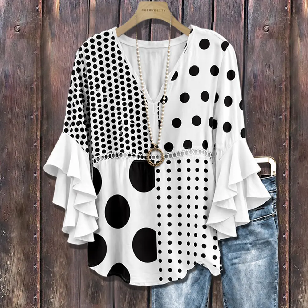 Cherrybetty Mixed Polka Dot Print Ruffle Sleeve Hollow Out Top Plus Size Summer Outifts Womenswear Blouse Women's Summer Clothing Summer Outfits Women Cute Tops For Women