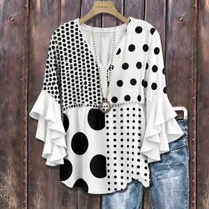 Cherrybetty Mixed Polka Dot Print Ruffle Sleeve Hollow Out Top Plus Size Summer Outifts Womenswear Blouse Women's Summer Clothing Summer Outfits Women Cute Tops For Women
