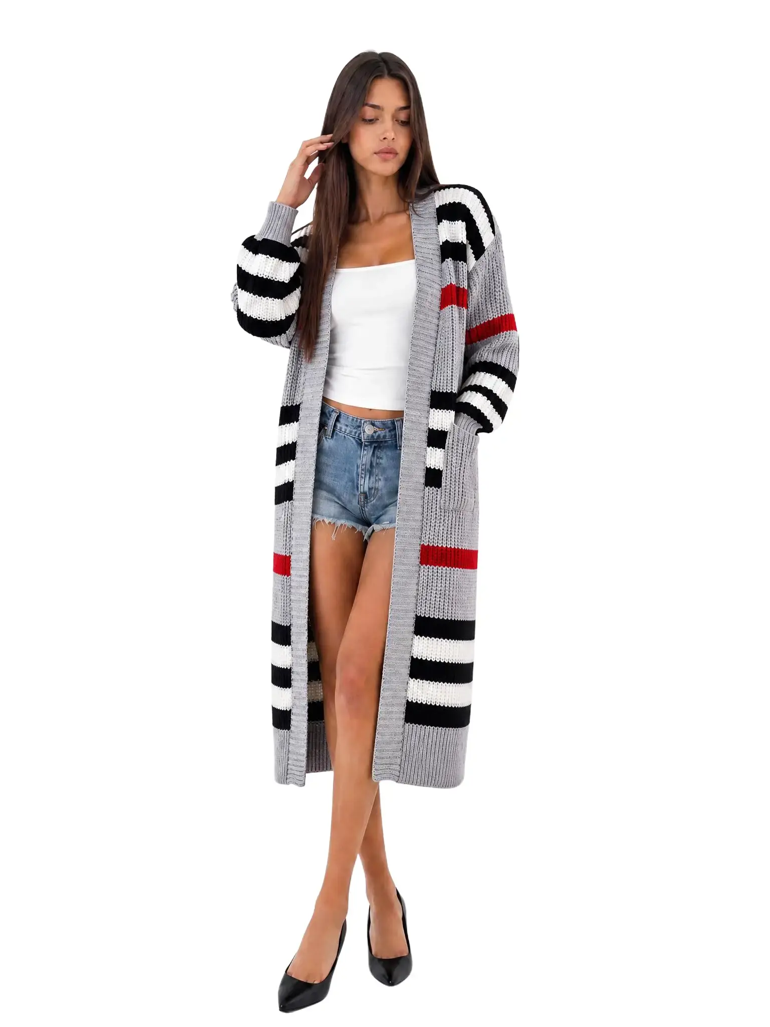 Women's Long Open Front Knit Cardigan, Striped Color Block Long Sleeve Maxi Sweater Coat with Pockets, Fall Casual Outwear