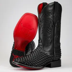 Black Basketweave Boots - Square Toe
