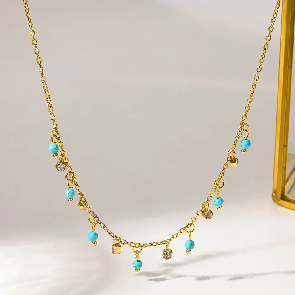 Gold Tone  Dangle Turquoise & Clear Stone Station Necklace for Women, Drop Bead Tassel Clavicle Chain, Waterproof Bohemian Layering Neck Jewelry for Daily Casual, Beach Vacation & Boho Outfit Styling
