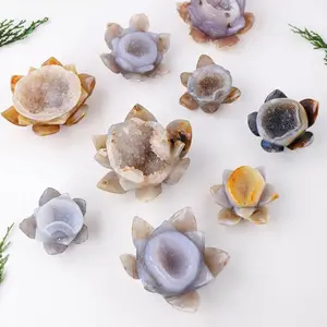 Natural Agate Crystal Lotus Flower Figurine Healing Décor With Druze