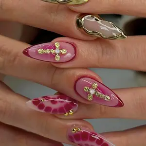 24pcs Medium Almond Nails, Glossy Finish, Gradient, Snake Print, Gold Cross Accent, Easy Wear, Perfect for Daily & Parties