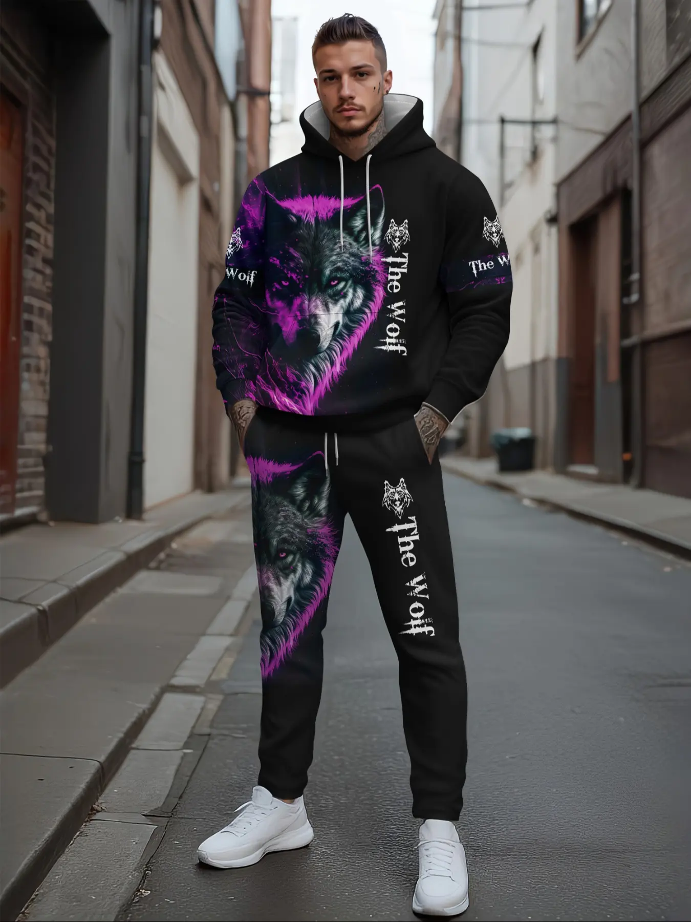 Men's Plus Size Hoodie and Sweatpants Set, 3D Wolf Pattern, Casual
