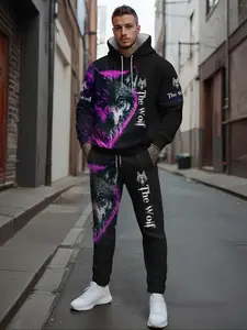 Men's Plus Size Hoodie and Sweatpants Set, 3D Wolf Pattern, Casual Sportswear, Streetwear Tracksuit Set, Comfortable Fashion, Ideal for Leisure, Fitness, Outdoor Activities