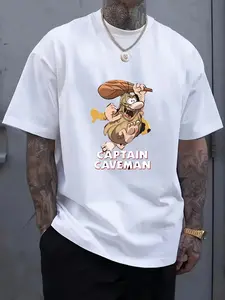 Men'S Captain Caveman Graphic T-Shirt - 100% Polyester, Breathable & Comfortable White Casual Summer Tee with Anime Print, Short Sleeve Crew Neck, Casual Attire for All Seasons, Casual WearPlayful DesignDurable Print