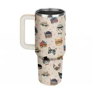 Cat Mom 40oz Tumbler With Handle Stainless Steel Iced Coffee Cup Funny Kitty Glasses Hat Pattern Mothers Day Gifts For Women Daily Hydration