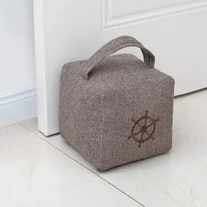 Fabric Door Stopper Decorative Door Stops for  and Office, 4.4 pounds Weighted Interior Doorstop Heavy Duty Soft Door Stopper with Handle and Nautical Rudder Design - 6"x6 Brown