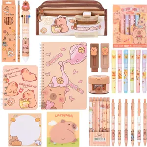 33 count Cute Capybara Stationery Set,Capybara Birthday Gifts for Boys Girls School Supplies,Capybara Set with Compartments Gel Pens, Pencils, Erasers, Pencil Sharpener etc, Classroom Rewards.