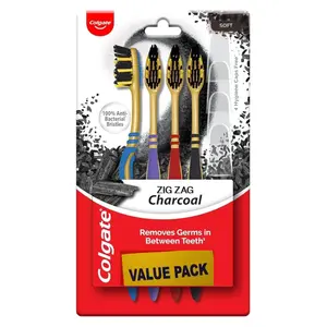 Colgate Zig Zag Charcoal Toothbrush 4 Counts Each Pack Soft bristles, deep clean design, fresh feel, assorted colors, daily oral care essential.