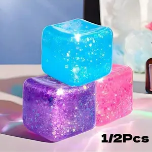 1/2Pcs Slow Rebound Glitter Soft Square Ice Cubes, Stress Relief Toy, Squeeze Ball, Sensory Decompression, Birthday Gift, Party Favors