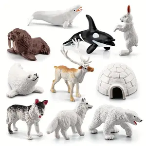 Arctic Animal Model Toy, 10pcs/set Cute Polar Fox Orca Whale Reindeer Husky Polar Bear Ice House Simulation Models, Home Desktop Ornaments, Cute Together Figures