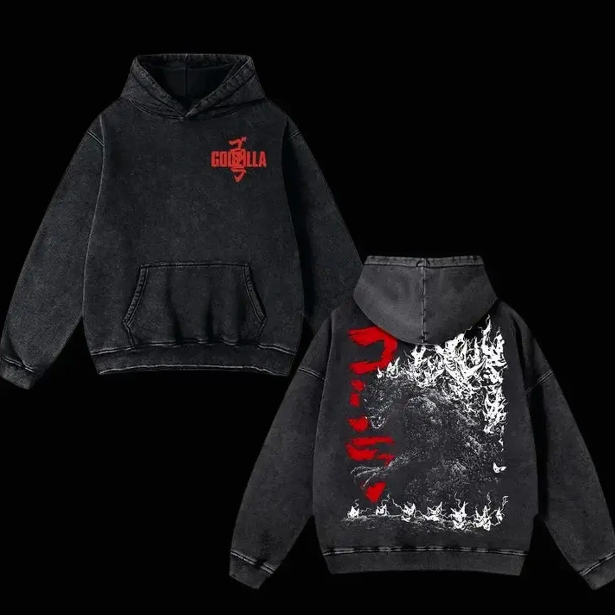 Godzilla Retro Vintage Oversized Washed Hoodie – Unisex Heavyweight Cotton Streetwear Pullover, Classic Movie Fan Hoodie, Gift for Men WPL YGR