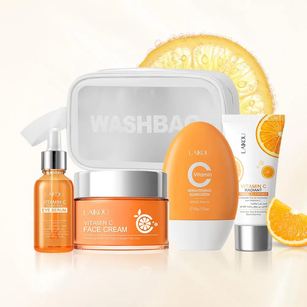 Vitamin C Skincare Set, Hydrating, 5 Moisturizer Set Moisturizing Face, Including 40g Facial Cleanser, 50g Face Cream, 30ml Serum, 50g Sun Cream & 1 Makeup Bag, Daily Facial Skincare Gifts for Women, Skin Care Sets