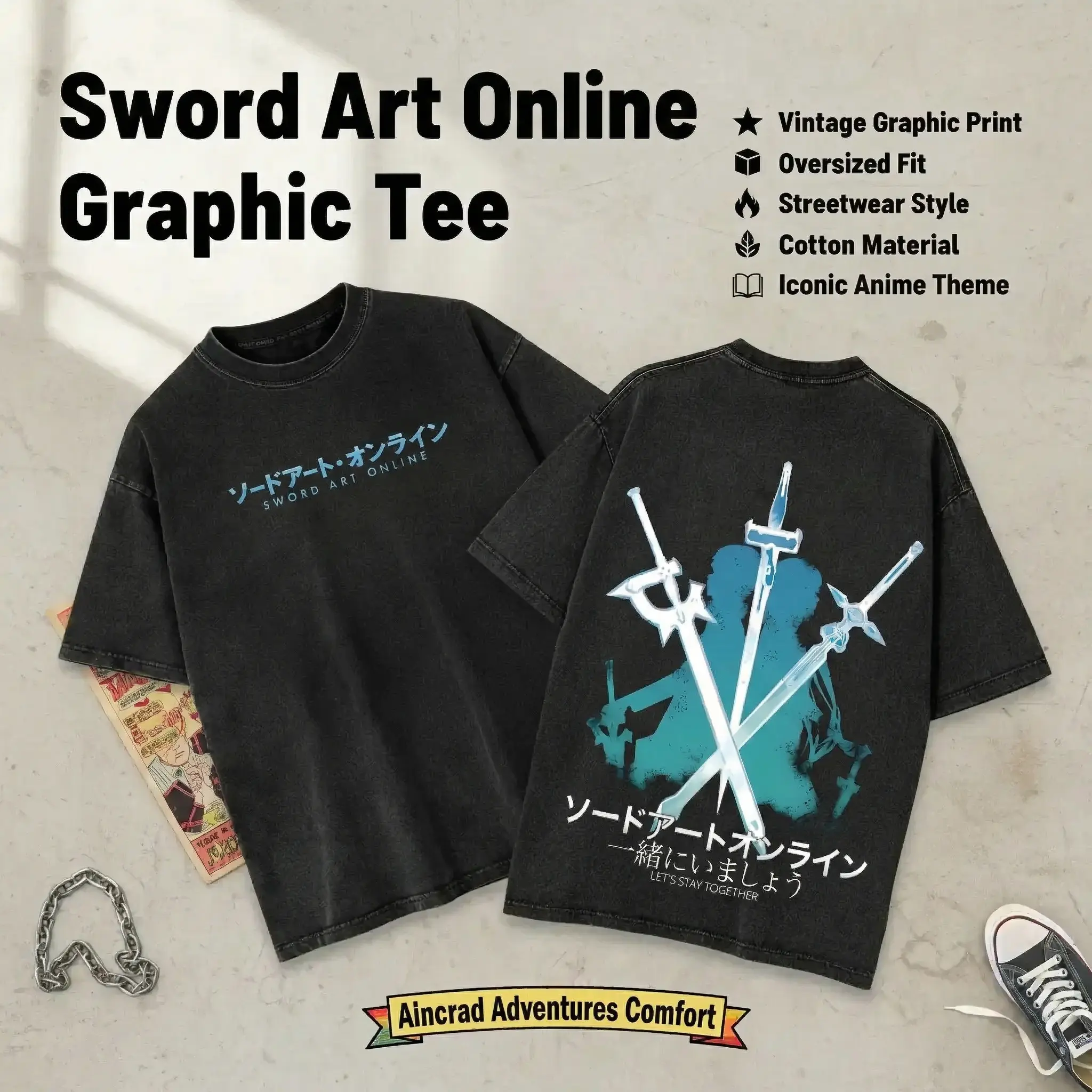 Kirito x Asuna Loving Sword Art Online SAO Japanese Anime Y2K Oversized Acid Washed T-Shirt – Double Print Vintage Graphic Tee, Unisex Streetwear Manga Otaku Lover