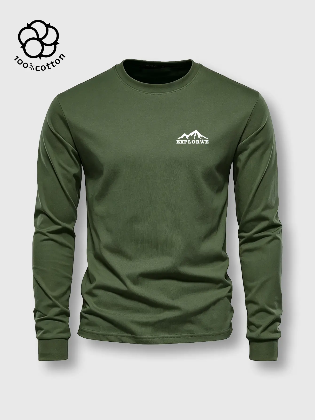 1pc, Men's Pure Cotton Crew Neck Long Sleeve T-Shirt, Ribbed Cuffs, Moderately Thick Fabric, EXPLORWE Print, Unisex All-Season Versatile Casual Basic Top, Perfect Holiday Gift