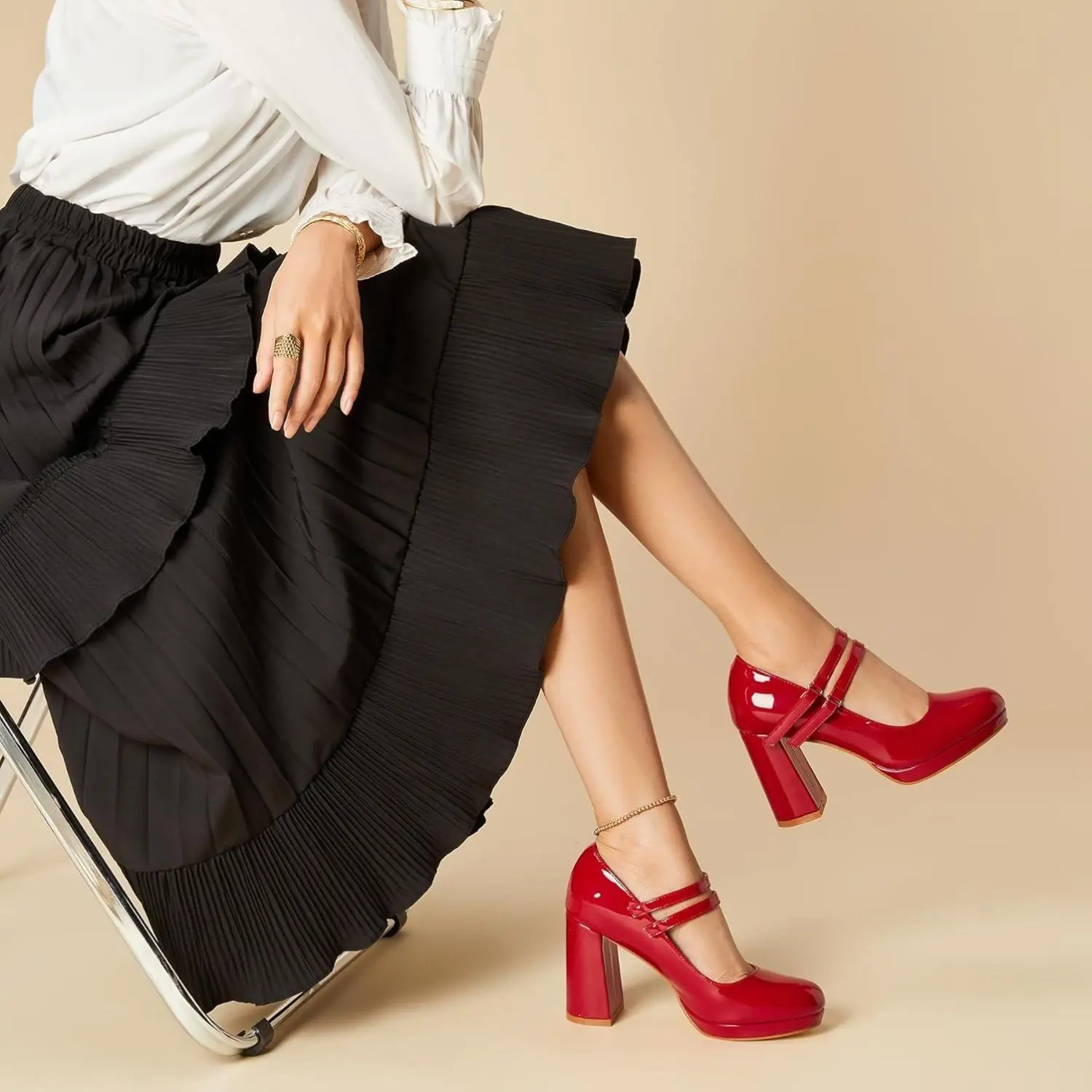Trary Mary Jane Shoes Women Heels Platform Chunky Block High Heels with Double Strap Women's Pumps Comfortable Dress Pumps for Party Wedding Office Round Toe Heel Shoes