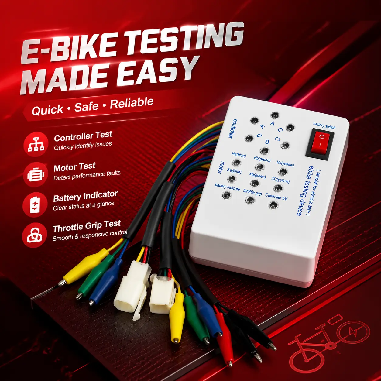 Portable Electric Bicycle Brushless Motor Controller Tester - Equipped with Full Set of Colored Alligator Clips and Plug Wiring Harness, Compatible with Electric Bicycle/Scooter 3-Phase Motors