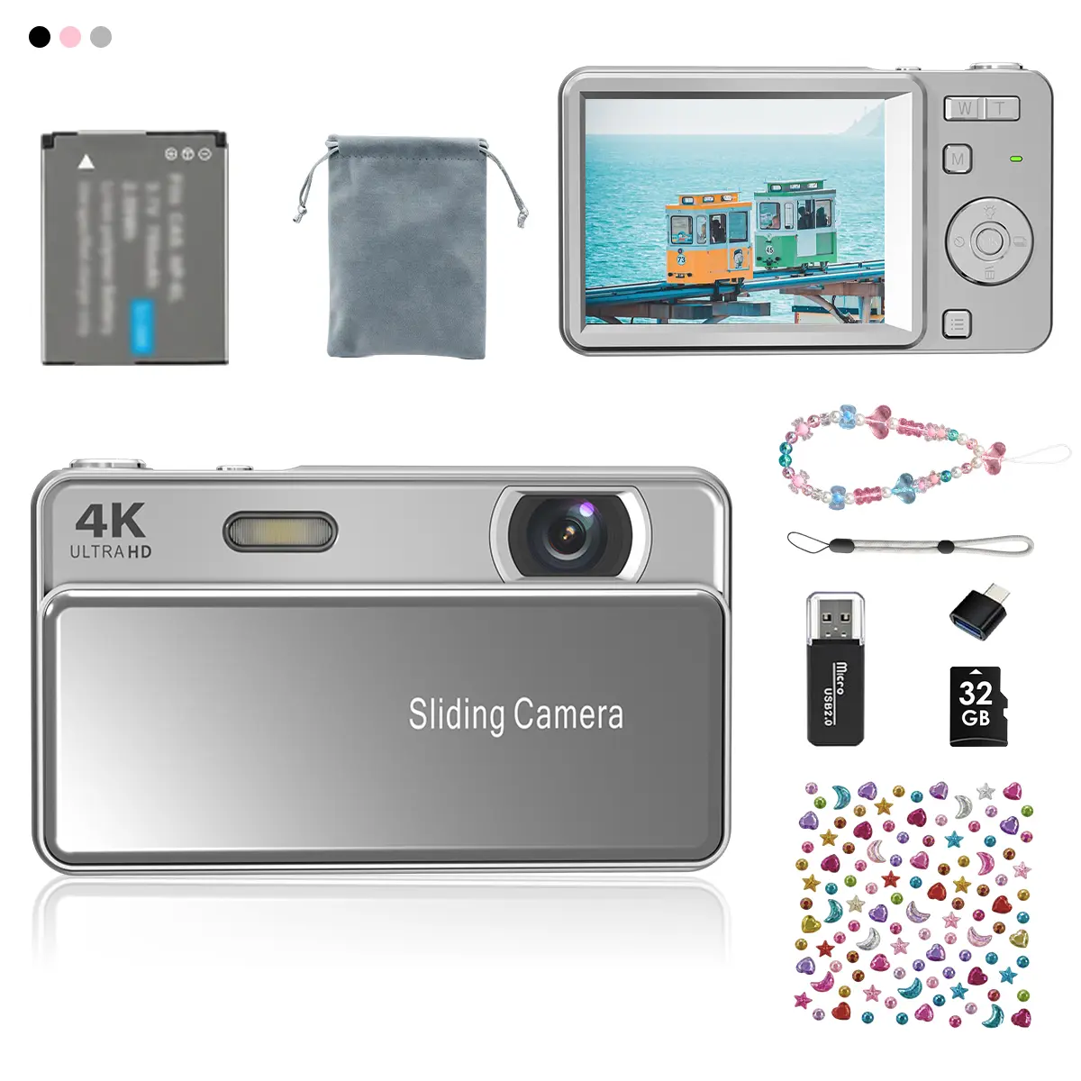 New Slide Cover CCD Sensor Digital Portable Electronic Camera, HD Photo & Video Capture, 32GB SD Card + SD Card Reader + Adapter, Free Crystal Sticker & Bracelet, Ideal Gift Set for Birthday/Christmas (sohochic)