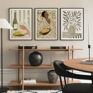 Lemon Woman Mediterranean Wall Art Set of 3 – Olive Branch & Wine Grapes Prints, Tuscan Kitchen Poster Decor, Unframed