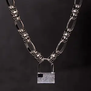 Silver Pavé Lock Necklace, Stainless Steel Chunky Oval-Link Chain, Adjustable 16–20in