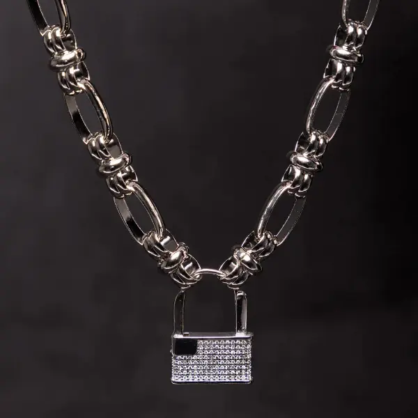 Silver Pavé Lock Necklace, Stainless Steel Chunky Oval-Link Chain, Adjustable 16–20in