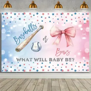 2D Flat Banner 1pc,  "Baseball or Bows" Gender Reveal Background, pink and blue star pattern, soft color design for baby shower and cake table decoration High Quality Photo Studio Props, Party Decorations, Even
