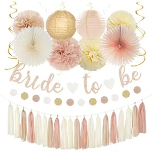 Champagne Gold Beige Fall Bridal Shower Party Decorations - 36pcs Bride To Be Banner Bachelorette Paper Lanterns Wedding Streamers Garland Boho Peach Tissue Pom Poms Flower Fan Decor Supplies