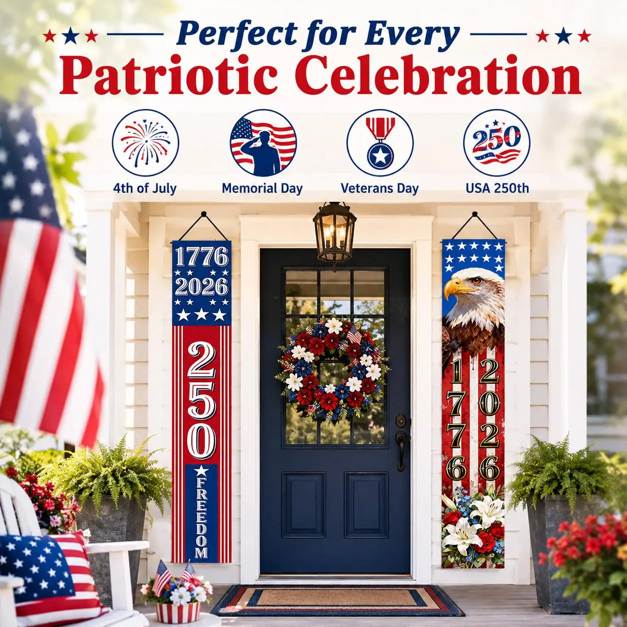 1 Set Patriotic Porch Banners, 71 Inch Red White Blue Hanging Signs. Vintage USA style ornaments, ideal summer decorative decor for front door and outdoor porch.