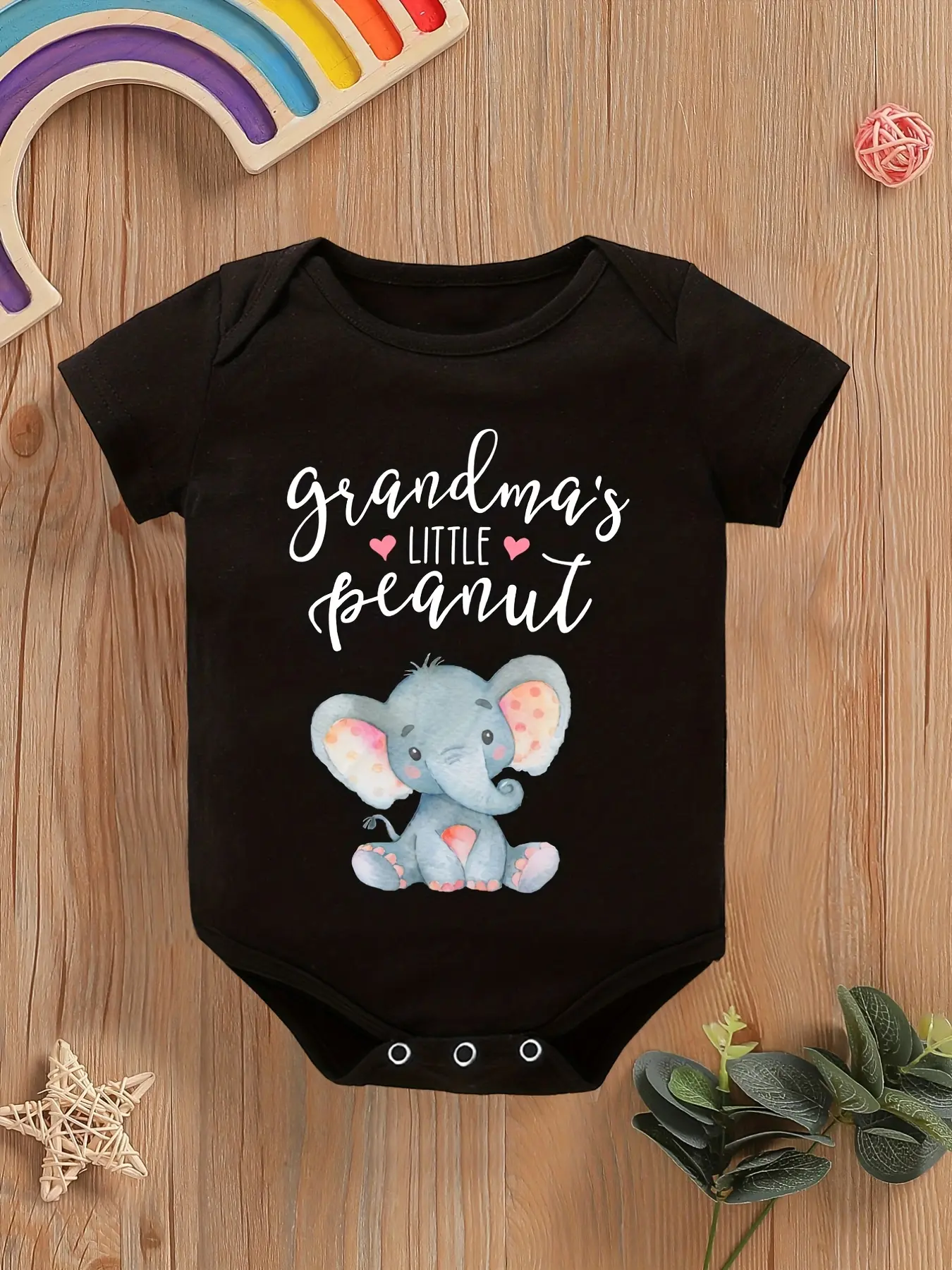 Fitted Crew Neck Baby Bodysuit with 'Grandma's Little Peanut' Animal Graphic, Unisex Short-Sleeve Letter Print Outfit, Letter Print Bodysuit, New Born Clothes, Infant Bodysuit