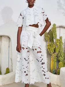 Women's 2 Piece Set Retro Lace Embroidery Hollow Out Short Sleeve Blouse Top Tie-Up Pants Matching Outfit Co-ord Elegant Summer Suit