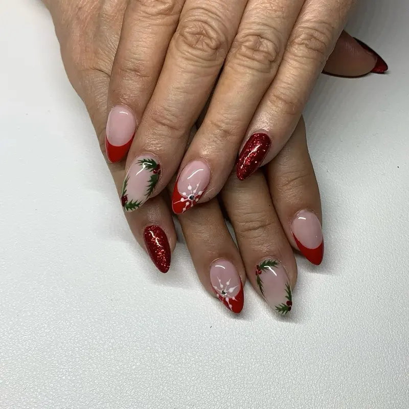 Christmas Press On Nails with Festive Greenery and Red glitter Berries for Seasonal Nail Art