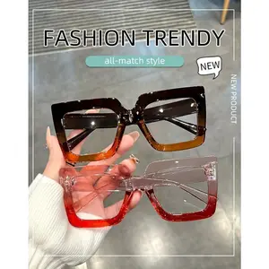 Large Square Frame Clear Lens Glasses Color Block Fashion Decorative Glasses Computer Spectacles For Women Men