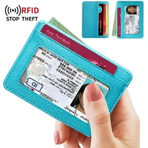 RFID credit card holder, ultra-thin credit card holder with 5 card slots, women's simple mini wallet card holder, multi-card slot wallet with ID card window Rfid Blocking Pouch