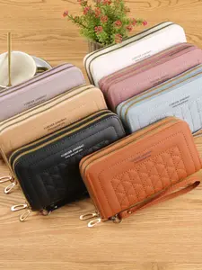 New Women's Long Wallet with Double Zipper, Embroidered Fashion Phone Pouch, Large Capacity Soft Leather Clutch Purse, Zipper Wallet Design