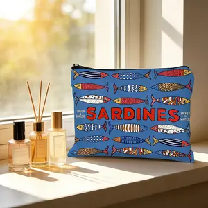 Retro Sardine Print Cosmetic Bag - Vibrant Mixed Colors, Durable Fabric, Compact Travel Makeup Organizer Pouch & Pencil Case