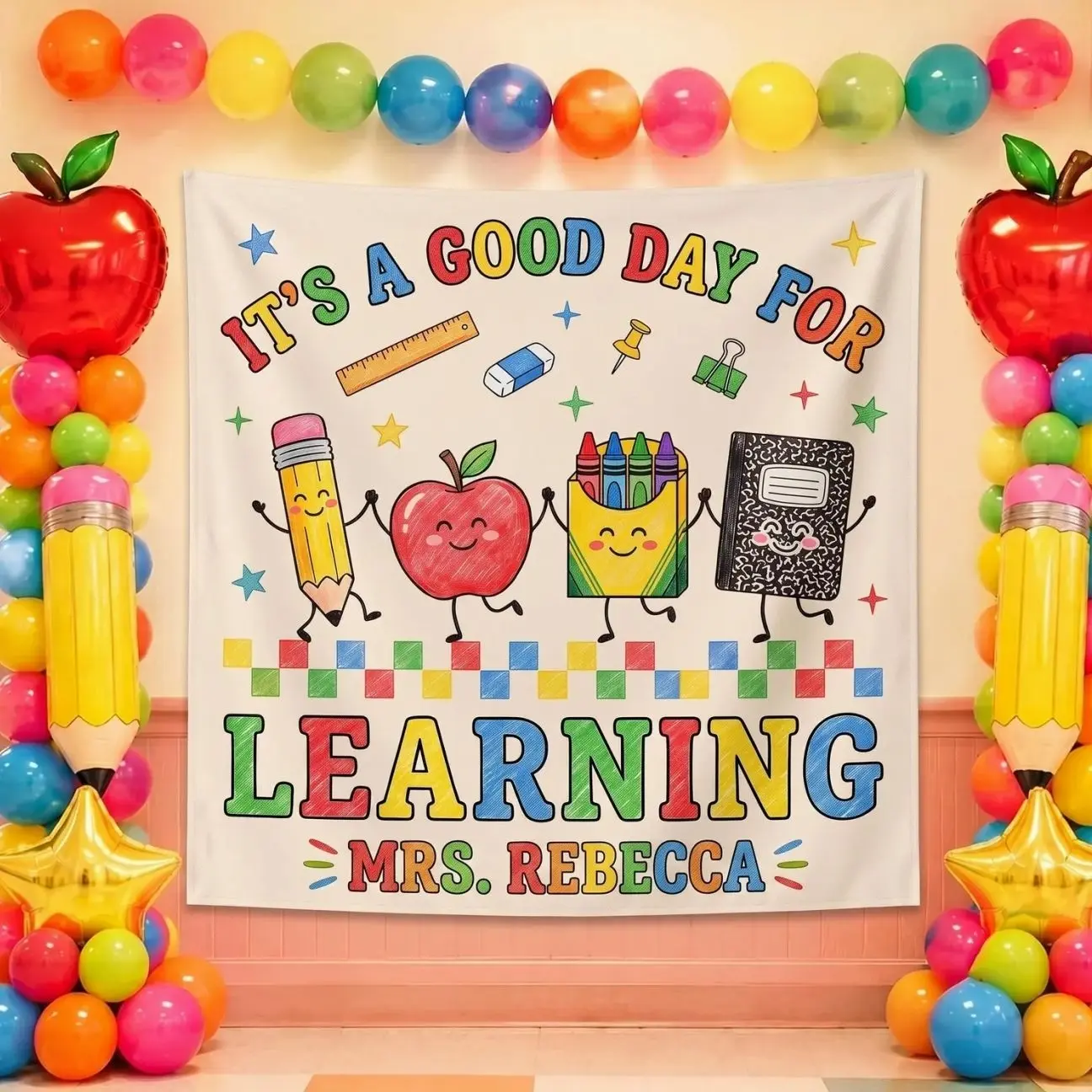 Colorful Classroom Banner, Cute School Icons Teacher Tapestry, Personalized Welcome Sign, Back to School Party Decor, Motivation Banner
