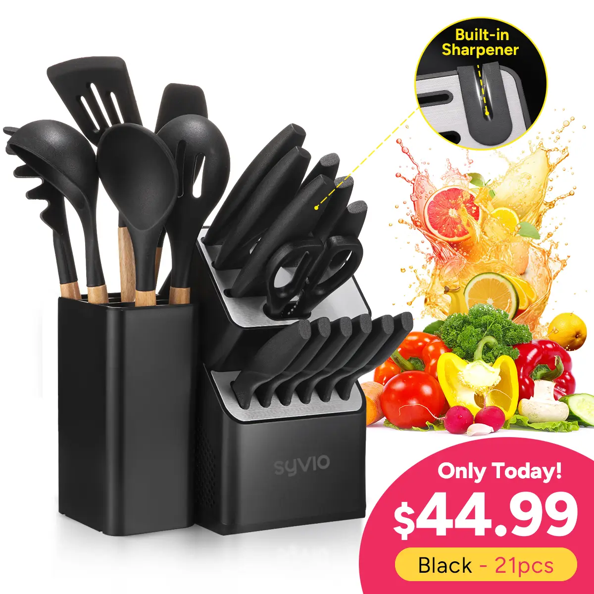 Syvio 14/21 Pcs Steel Kitchen Block Knife Set with Block, Sharpener, Heavy Poultry Shears and 6pcs Serrated Steak Knives Razor-Sharp, Anti-Slip Handle