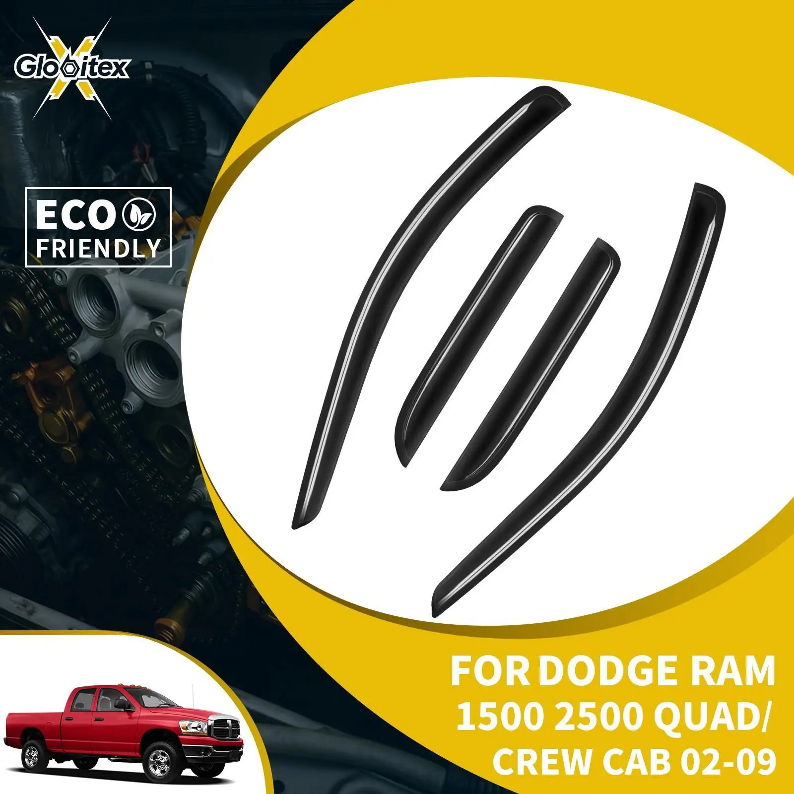 Tape-On Outside Window Visors Sun Rain Guards - Vehicle-Specific Truck Vent Deflectors for Dodge Ram 1500 2500 3500 Crew Cab 4-Door 2002-2009, 4PCS Car Accessories for Ventilation