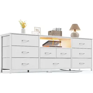 Furologee 9 Drawers Chest of Drawers White Dresser TV Stand with Charging Station LED Lights Media Console for 75 Inch TV 63 Inch Bedroom Storage Unit Bin
