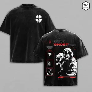 Ghost COD Double Printed Oversize Lightweight Acid Washed Tee Game Graphic T-Shirt for Men Casual Day Wear Cotton Fabric - Jeans Vintage Gaming Retro Black Tee  Heavyweight Cotton T-Shirts Love Menswear