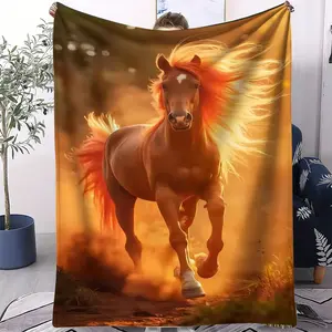 Passionate and Exuberant Printed Facecloth Blanket With The Theme of “Prancing Stallion”, Suitable For Sofa, Bedroom and Travel, Soft and Comfortable For All Seasons